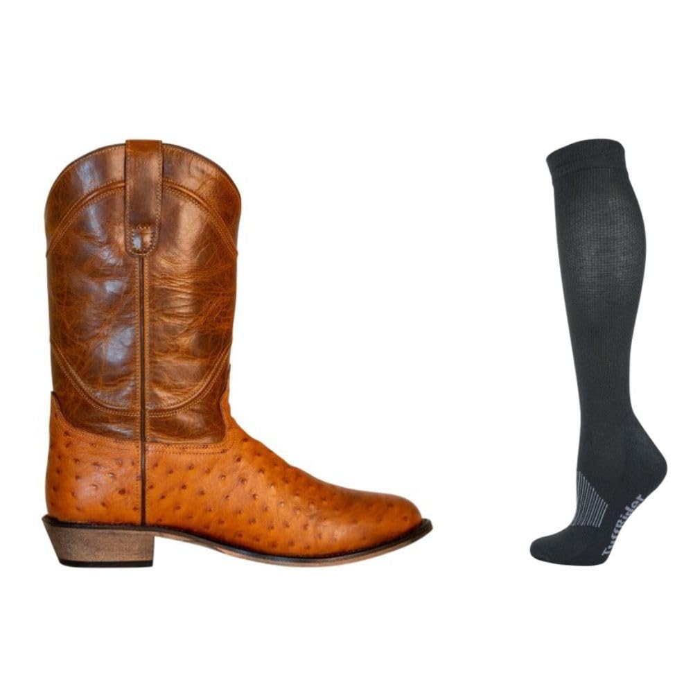 TuffRider Men's Norris Wide Round Toe Western Boot- Tan-With Free Assorted Striped Socks