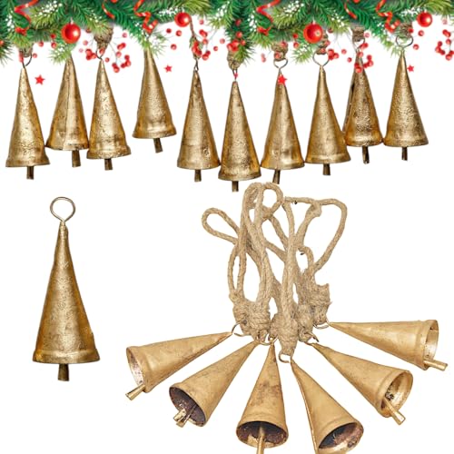 Decorative Harmonious Bells, Vintage Handmade and Rustic Lucky Christmas Bell Hanging on a Jute Rope Metal Indoor and Outdoor Blessing Bells,Set of 6-Piece