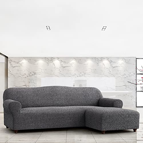 Sectional Sofa Cover - Sectional Couch Covers - L Couch Cover - Cotton Fabric Slipcovers - 1-Piece Form Fit Stretch Furniture Slipcover - Mille Righe Collection - Dark Grey (Right Chase) #TOP1