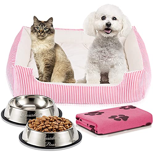 Accesorios para Perros Cama Perro o Cama Gato 65x50cm con Comedero, Bebedero y Manta. Pack 4 en 1 Básico para Mascotas Pequeñas y Cachorros