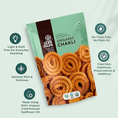 Image of Pure & Sure Organic Chakli Snack 120gm (Pack of 1) | Delicious Crunchy Namkeen & Snacks | Ready to Eat Tea Time Snacks, Cholesterol Free, No Trans Fats, No Preservatives