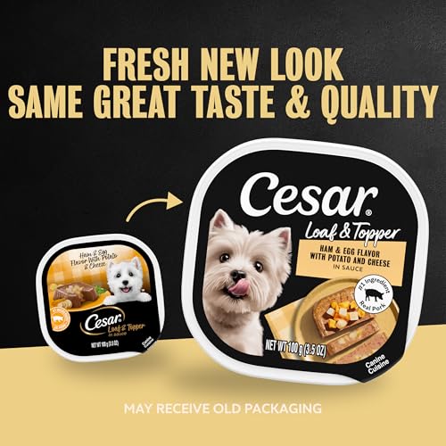 Image of Cesar Loaf & Topper Wet Dog Food, Ham & Egg Flavor, 3.5 oz, 24 Count | Pork #1 ingredient, easy to digest, no fillers or added sugar, use as meal or food topper, easy peel trays