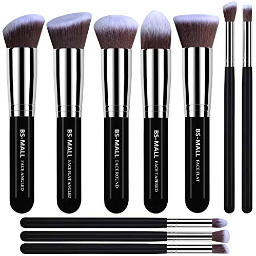 BS-MALL(TM) Makeup Brushes Premium Makeup Brush Set Synthetic Kabuki Makeup Brush Set Cosmetics Foundation Blending Blush Eyeliner Face Powder Lip Brush Makeup Brush Kit(10pcs, Silver Black)