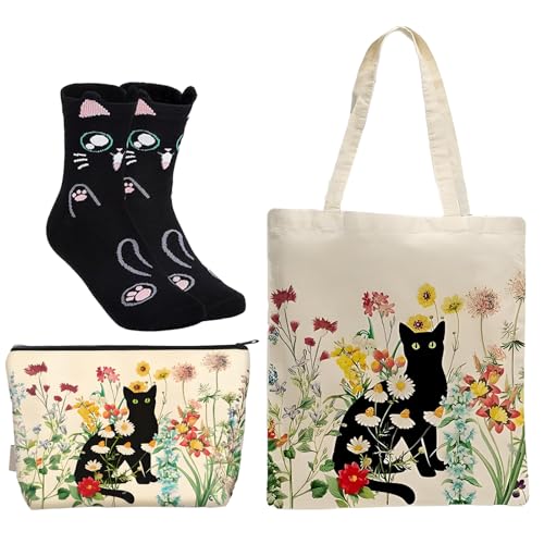 iuiiaii 3 PCS Black Cat Gifts for Women Set Cute Canvas Tote Bag Novelty Black Cats Gifts for Cats Lovers Cat Socks Women Gift to Daily Life Travel Shopping and Outings