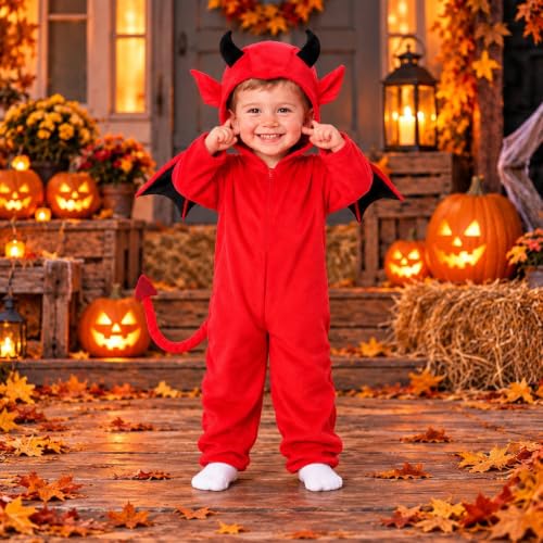 Halloween Costume Hooded Zip Up Jumpsuit with Tail and Horns Wings Soft Cosplay Party Romper Outfit (A1-Red, S) - image 5