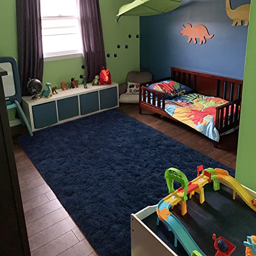 HOMORE Living Room Rug 5x8 Area Rug, Navy Blue Non Slip Rug for Bedroom, Fluffy Rugs for Living Room Kids Room, Shag Rug for Boys Girls Room Dorm Home