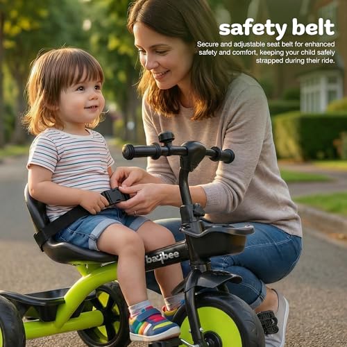 Image of Baybee Nova Baby Tricycle for Kids | Plug & Play Kids Cycle with Safety Belt & Front and Back Storage | Kid Cycle Trikes with Eva Wheels | Baby Cycles for Kid 2 to 5 Years Boys Girls (Black /Green)