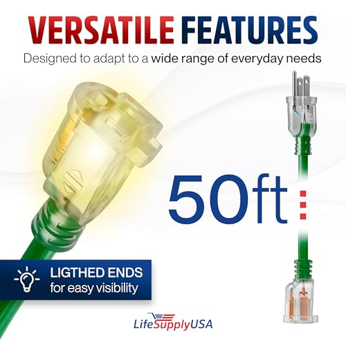 50ft Outdoor/Indoor Extension Cord 12/3 Gauge Extra Heavy Duty 3 Prong SJTW, Waterproof, ETL Listed, Flexible Cold-Resistant Long Power Cord,15A 125V 1875W, Green by LifeSupplyUSA by LifeSupplyUSA - Used condition - Image 6