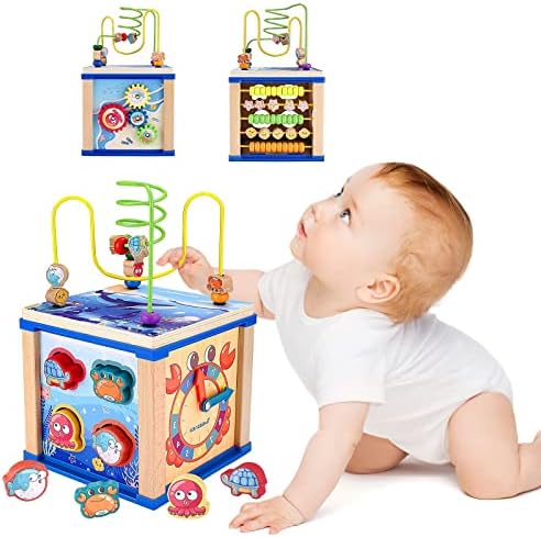 Baby Activity Cube Bead Maze for Toddlers 3-6 with Bead Maze Wooden Activity Center 5-in-1 Montessori Cube Shape Sorter Play Cube Activity Center for Age 3-6 Developmental Toddler Learning Toys