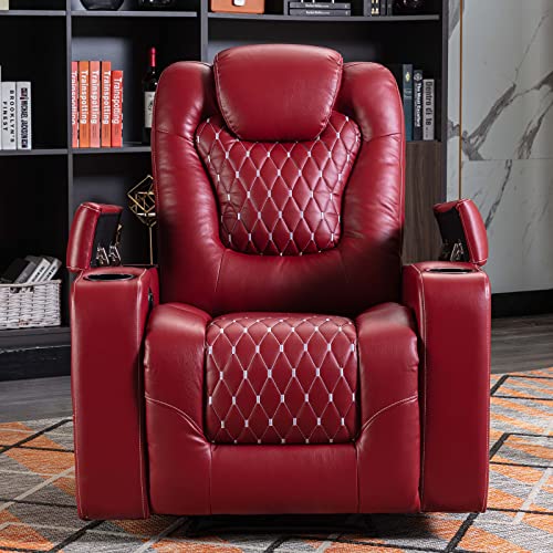 Anj Power Recliner Chair With Usb Ports And Cup Holders - Overstuffed Electric Home Theater Seating Pu Leather Reclining Furniture With Hidden Arm Storage, Easy To Clean (Red) #TOP7