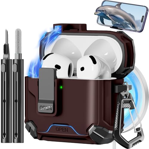 Image of Pohgelan Compatible with AirPods 4 Case (Brown) | Magnetic Automatic Lock with Phone Stand & Cleaning Kit,Compatible with Magsafe