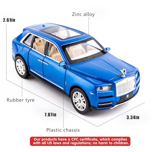 Image of Invite Enterprise 1:24 Rolls Royce Cullinan Diecast Model Metal Pull-Back Car With Sound Light And Opening Doors: A Kids' Toy Vehicle Gift (1:24 Rolls Royce Cullinan - Blue)