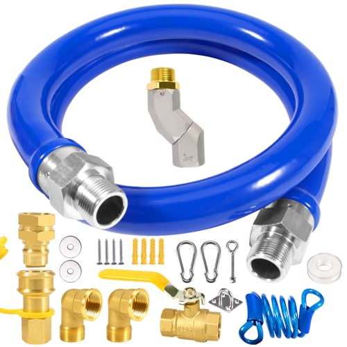 48 inch Commercial Gas Hose Connector Kit, 1675KIT48 Safety System Kit,Flexible Blue Gas Hose Kit,Gas Line Hose with 3/4" Quick Disconnect, Swivel Head,Restraining Devices for Commercial Kitchen