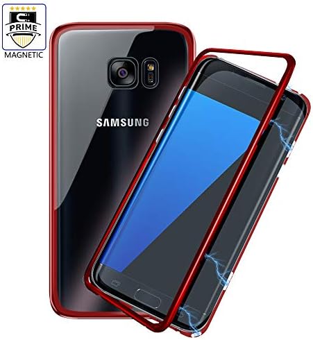 Galaxy S7 Edge Clear Case LIGHTDESIRE Magnetic Adsorption Separate Pieces Aluminium Metal Bumper Case Slim Glass Back Cover (Red) for Galaxy S7 Edge