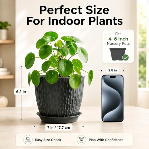 Image of SWAPKART (Pack of 5 6 Inch Plastic Flower Pots for Indoor & Outdoor Terrace,Garden Plants Decorative Planters with Drainage Holes & Matching Saucers Durable & Lightweight (Black)