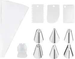 Conjunto de pontas de tubulação grandes, pontas de cobertura de aço inoxidável para decoração de bolos - branco + 6 bicos de decoração + 3 raspadores