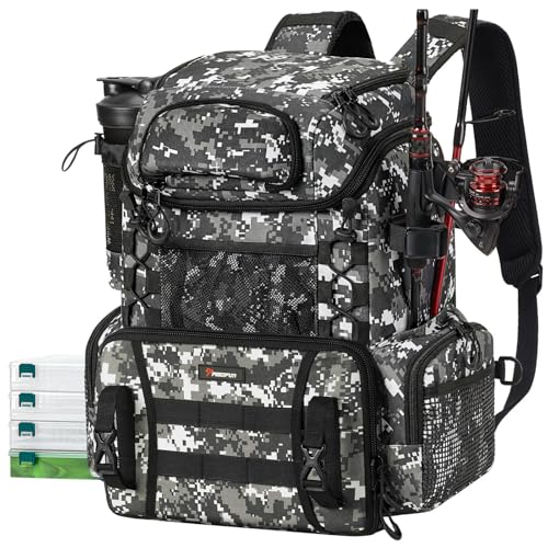 Piscifun Fishing Backpack with Rod Holders & 4 Tackle Boxes, Waterproof Rain Cover, Bottle Holder, Water-resistant Bag to Store Gear & Equipment for Fishing, Camouflage