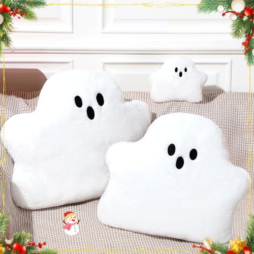 Beeveer 3 Pcs Ghost Pillow Cute Throw for Couch White Shaped Decorative Spooky Fluffy Plush for Gifts Sofa Home Party(3 Size)