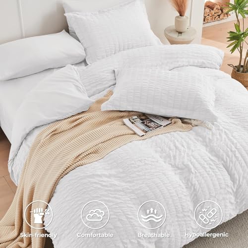 Image of HYMOKEGE White King Size Comforter Set Seersucker 7 Pieces, All Season Luxury Bed in a Bag for Bedroom, Bedding Set with Comforters, Sheets, Pillowcases & Shams