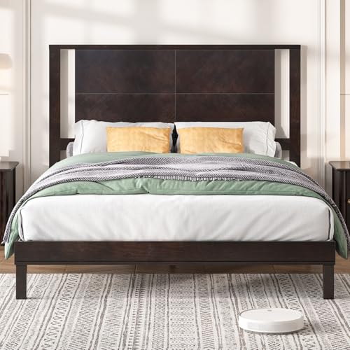 AMERLIFE Solid Wood Queen Size Bed Frame with Headboard, Rustic