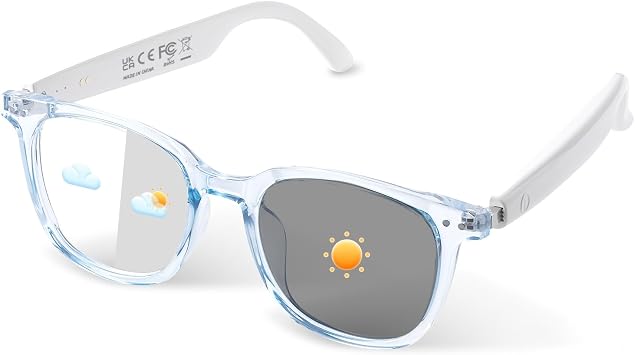 Smart Glasses, Polarized Sunglasses with Color Changing Lenses, IP65 Waterproof, Touch Control, Hands Free Calling, Transparent Stylish Frame Bluetooth Glasses Compatible with Android & IOSBlue