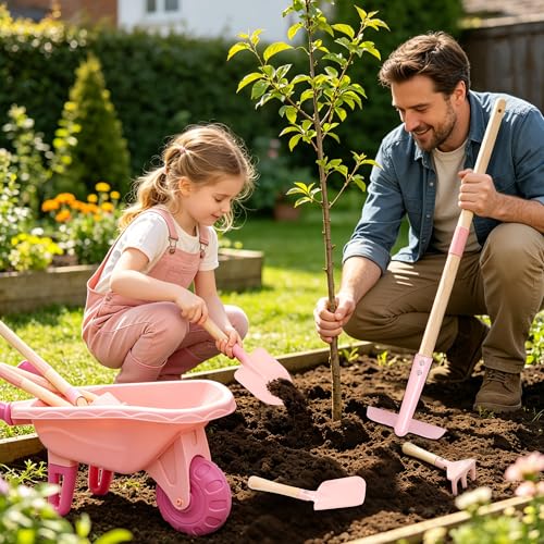 Image of Kids Gardening Set with Wheelbarrow, Metal Kid Gardening Tools Set with Long Handle Tool, Hand Tool & Gloves, Backyard Gardening Tools for Kids Outdoor Play Birthday Gifts