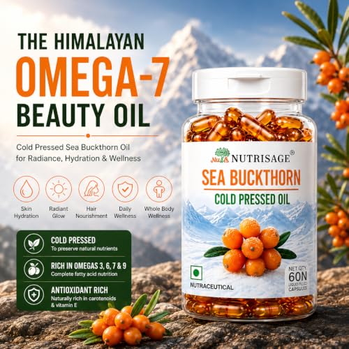 Image of Sea Buckthorn Oil Capsules 1200mg Daily Serving | Cold Pressed Himalayan Omega 7 Formula | Supports Skin Hydration, Glow, Hair & Whole Body Wellness | Omega 3 6 7 9 | 60 Capsules