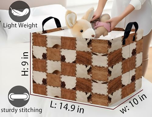Image of Checkered Kids Toy Basket Collapse Storage Bin with Handles Canvas Cow Fur Print Home Decor(Brown White)