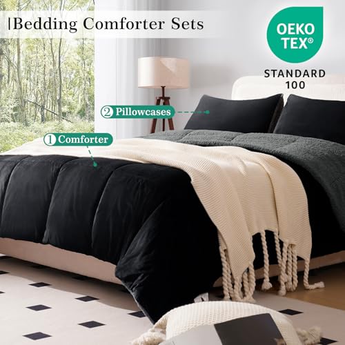 Image of MERITLIFE Fluffy Sherpa King Size Bedding Comforter Sets King Comforter Set-3 Pieces Bed in a Bag Black Soft Comforter and Pillowcase Luxury Warm Bedding Set for Winter