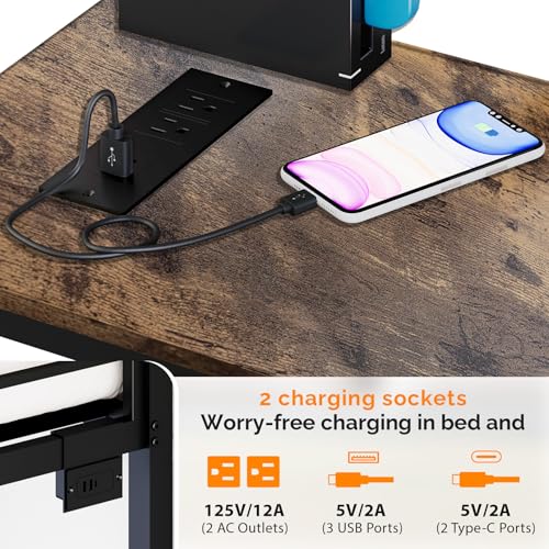Image of VINGLI Twin Metal Loft Bed Frame with 15 Inches Safety Guardrail, Non-Slip Ladder, 2 Charging Stations, L-Shaped Desk, Storage Shelve, 4 Drawers, LED Lights, for Kids, No Box Spring Needed, Black