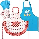 R HORSE 2Pcs Kid Apron and Chef Hat Set, Adjustable Children Blue & Polka Strawberry Kitchen Apron Cooking Baking Painting and Training Kits Dress up Role Play Chef Toy Kid Birthday Funny Cooking Gift