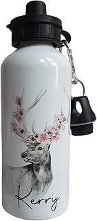 Floral Stag Personalised Aluminium water bottle 600ml, 400ml or 500ml Thermos design watercolour
