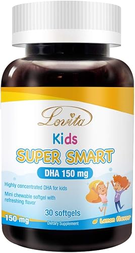 DHA súper inteligente para niños, 150 mg de DHA y 30 mg de EPA de ácidos grasos Omega 3, apoya la salud cerebral, sabor natural a limón, 30 cápsulas