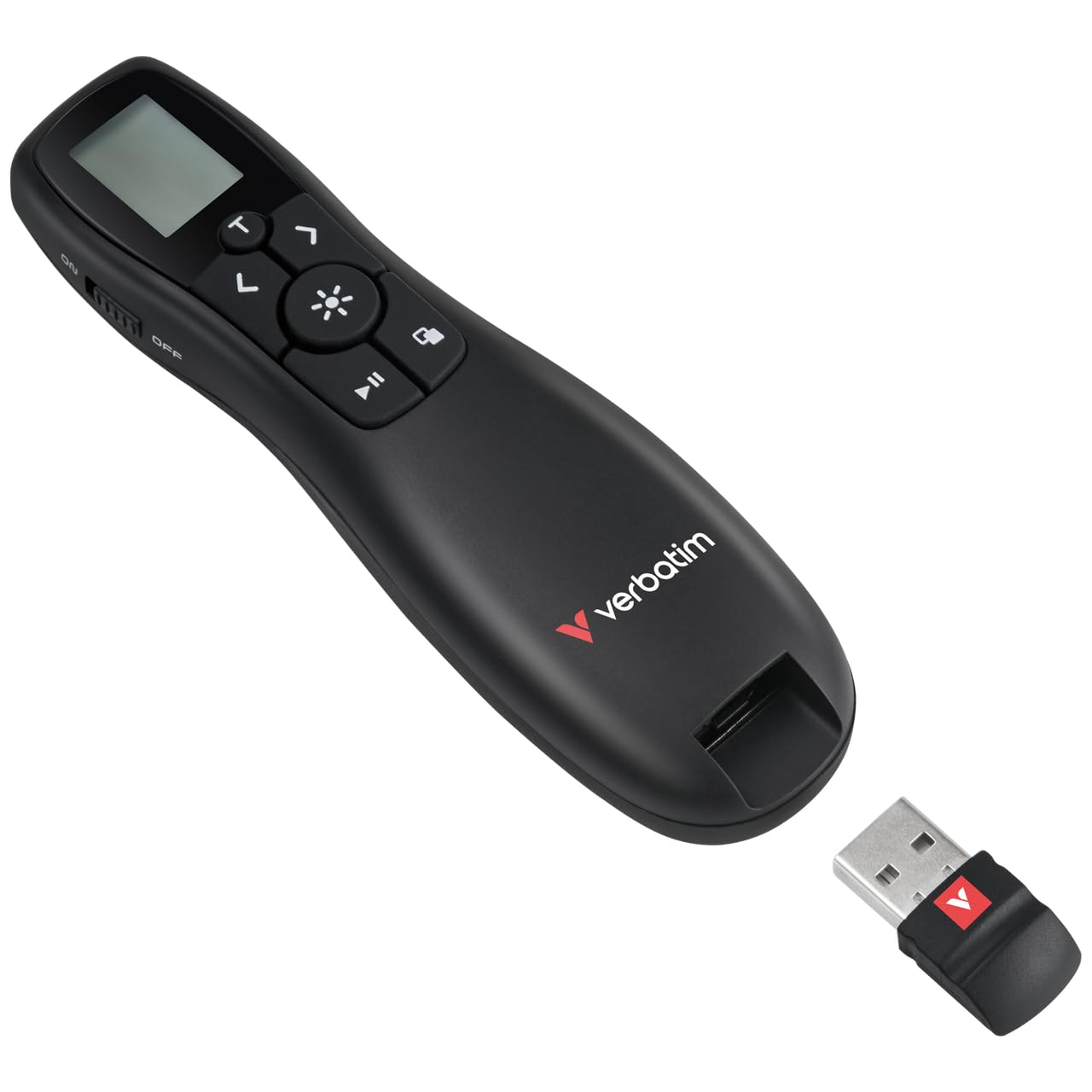 Verbatim Keynote Wireless Presenter mit LCD-Display - Timer, Laserpointer, USB-A/USB-C, bis 100 m Reichweite, ergonomisches Design, für Windows, macOS & Android - Schwarz