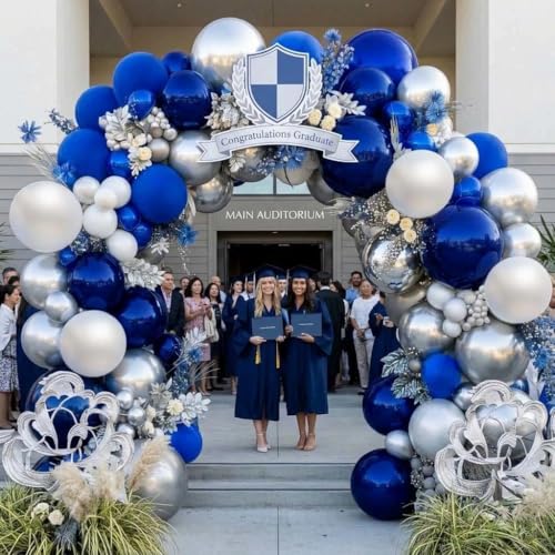 Image of Navy Blue White Balloons Royal Blue Silver Balloon Garland Arch Kit for Birthday Baby Shower Graduation Bridal Shower Business Party Decorations