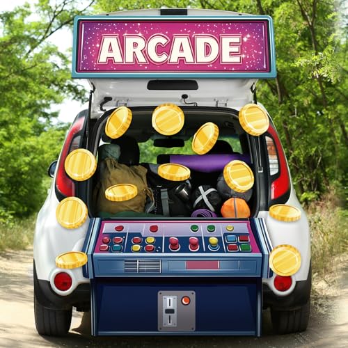 Honoson 14 Pcs Halloween Arcade Gamer Trunk or Treat Decorating Kit Arcade Gamer Trunk-or-treat Car Decorations Gold Coins Video Game Night Cutout Decor for Outdoor Car Archway Door Decor Party Supply
