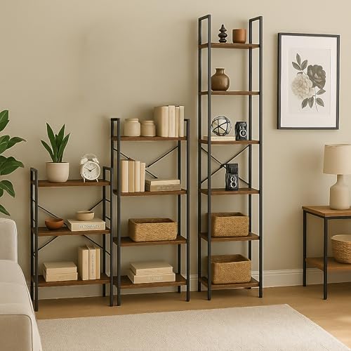 Librería abierta de estilo industrial con seis estantes de madera 6