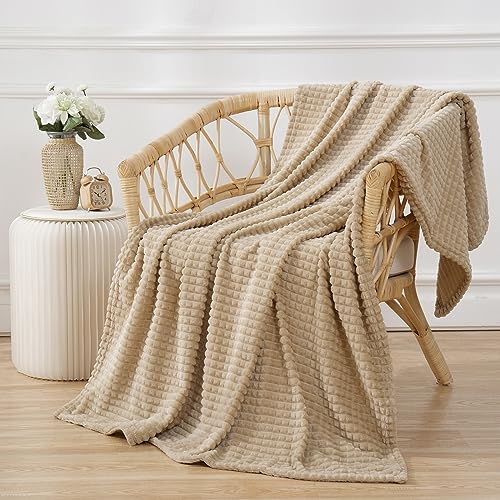 Puncuntex Flannel Fleece Beige Throw Blanket 50"×60",Super Soft Plush Cozy Blanket with 3D Jacquard Square Grid Design Luxury for Couch Sofa Chair,Khaki