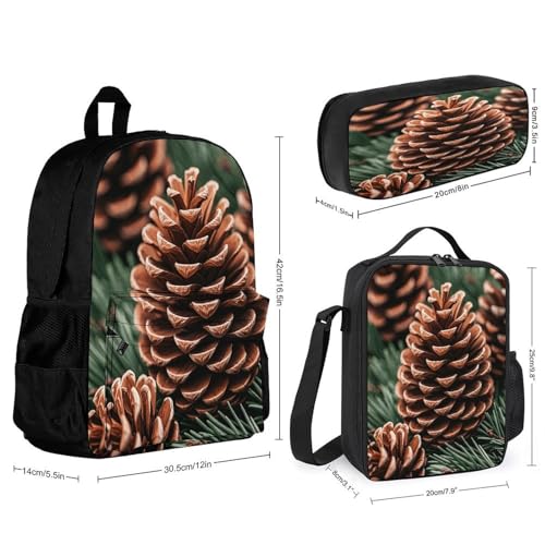 3-in-1 Backpack Combination Set Rustic Brown Pinecone Print 3Pcs Backpack Sets Travel Daypack with Lunch Bag And Cosmetic Bag2