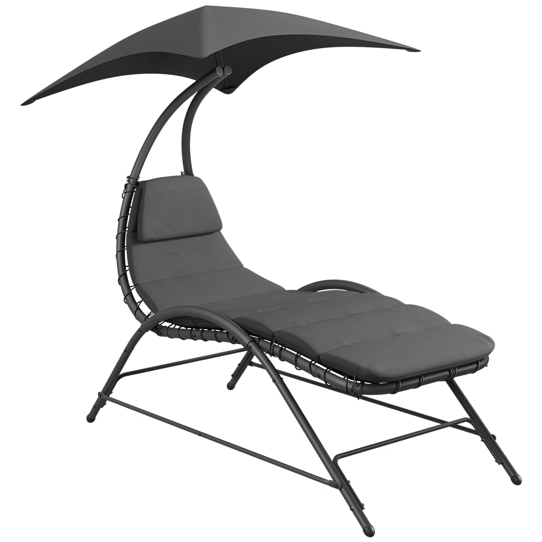 STEELSØN Nyria Sonnenliege mit Kissen Anthrazit – Gartenliege verstellbares Sonnendach – Liegestuhl bis 120 kg – Balkonliege wetterfest – Relaxliege großzügige Liegefläche – Outdoor Liege mit Gestell