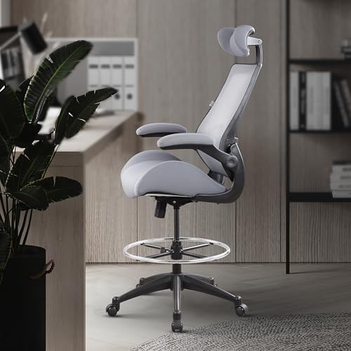 Image of BOLISS 400lbs High Back Computer Office Drafting Chair Flip up Armrests Lumbar Support Adjustable Big Footrest Ring (Grey)
