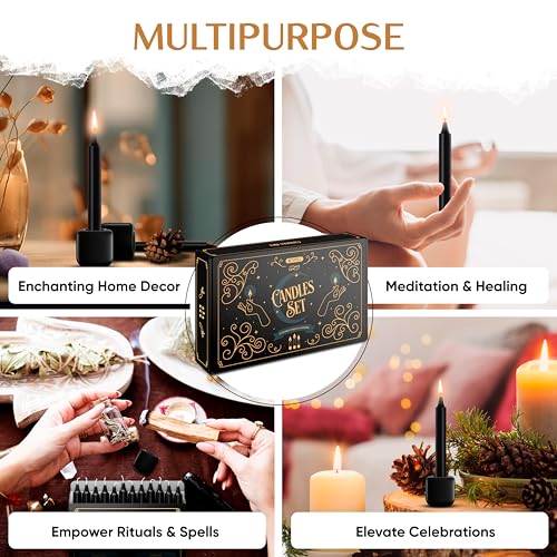 Wyspell - 36 Black Taper Candles | 5" Height & 1/2" Diameter | 6 Spell Candle Holders | Unscented