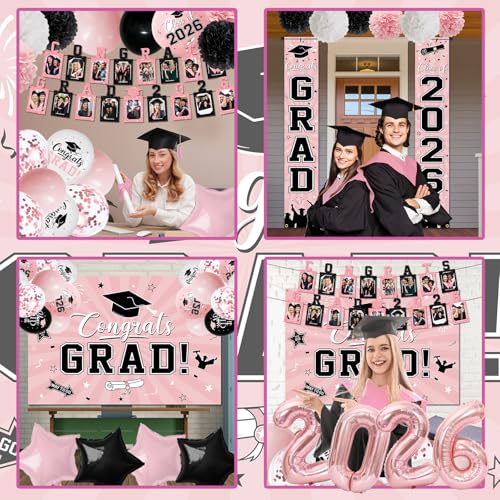 Image of 2026 Graduation Decorations, Pink Themed Class of 2026 Decorations Set, Congrats Grad Backdrop, Photo Banner, Door Banner, Balloons and Pom Poms Supplies for High School College Graduation Party