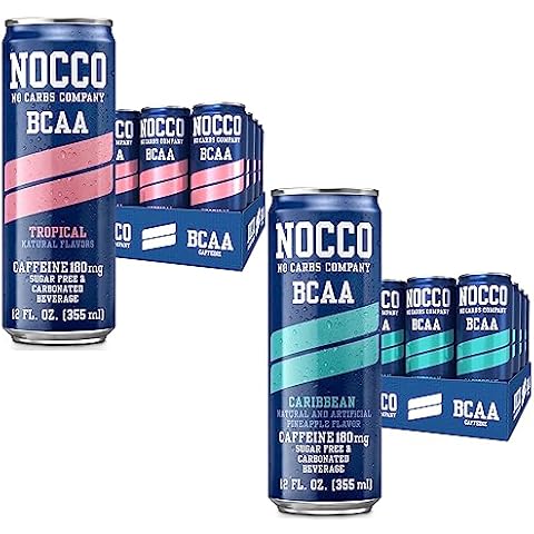 NOCCO BCAA Energy Drink 24 Pack Tropical & Caribbean Pineapple - 12 Count (Pack of 24) - 180mg of Caffeine Sugar Free Energy Drinks - Carbonated, BCAAs, Vitamin B6, B12, & Biotin - Performance Drink Cover