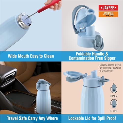 Image of JAYPEE Aquavita Insulated Inner Stainless Steel Water Bottle for School Kids with Wide Mouth|Foldable Handle to Carry|Hot & Cold Bottle Leakproof Screw Lid Flip Top with Silicon Seal|600 ml, Blue