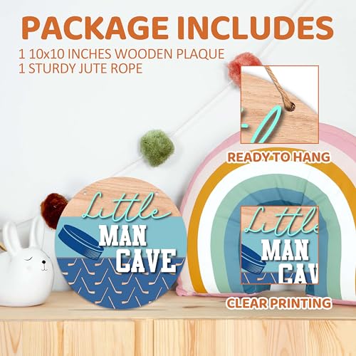 Image of Little Man Cave Sign for Boys, Baby Boy Nursery Decor, Toddler Kids Room Hockey Door Hanger, 10x10 Inch Wooden Round Wall Door Sign-D03