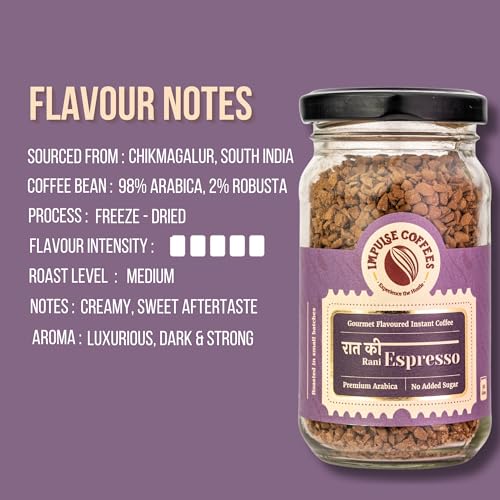 Image of Impulse Coffees Raat Ki Rani Espresso Instant Coffee Powder | Dark Roasted Arabica with Toasty Earthy Notes & Luxurious Dark Strong Aroma | Bold Espresso Brew for Cafe-Style Coffee at Home | 50 Gms