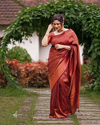 Image of ZECVA Women's Art Lichi Indian Traditional Style Silk Saree With Unstitched Blouse Piece