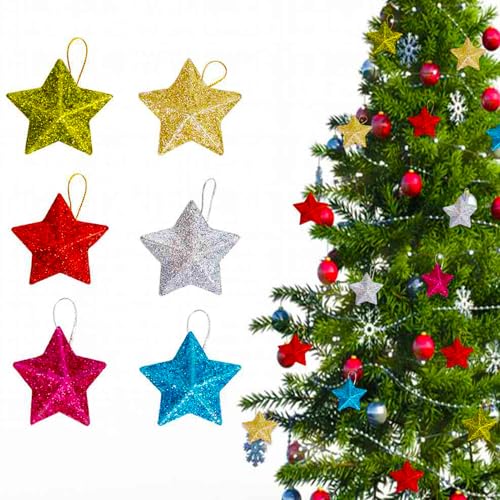 24 Pcs Christmas Tree Ornaments Set - Glitter Stars & Colorful Star Ornaments for Tree & New Year Party