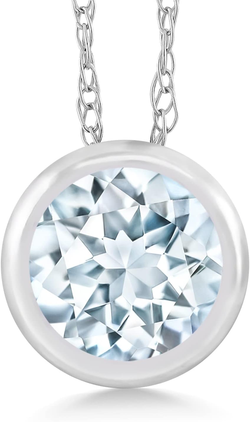 Gem Stone King 14K White Gold Sky Blue Aquamarine Pendant Necklace For Women (0.45 Cttw, Gemstone March Birthstone, Round 5MM, with 18 Inch Chain)